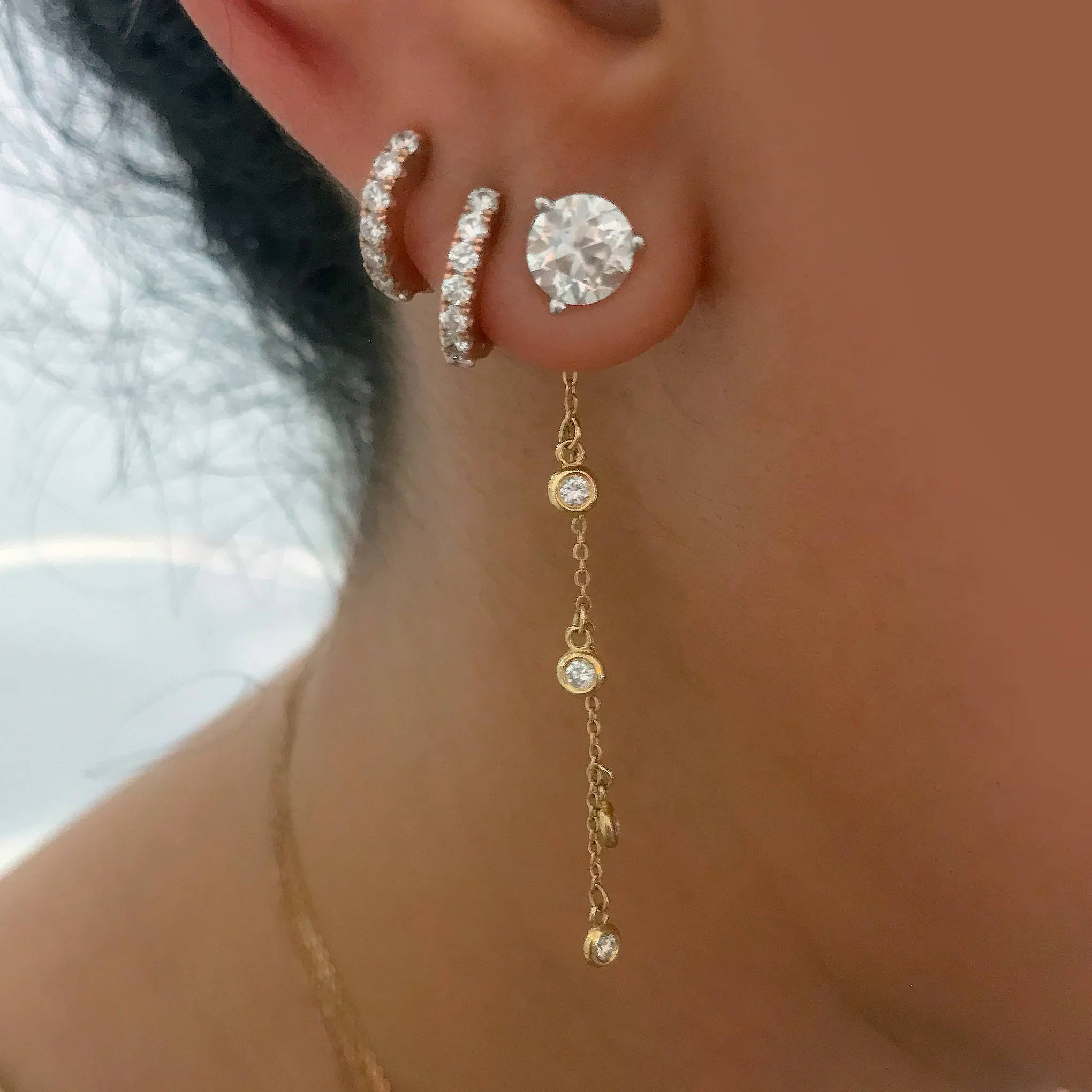 14K Gold Diamond Fringe Dangle Chain Earring Jacket