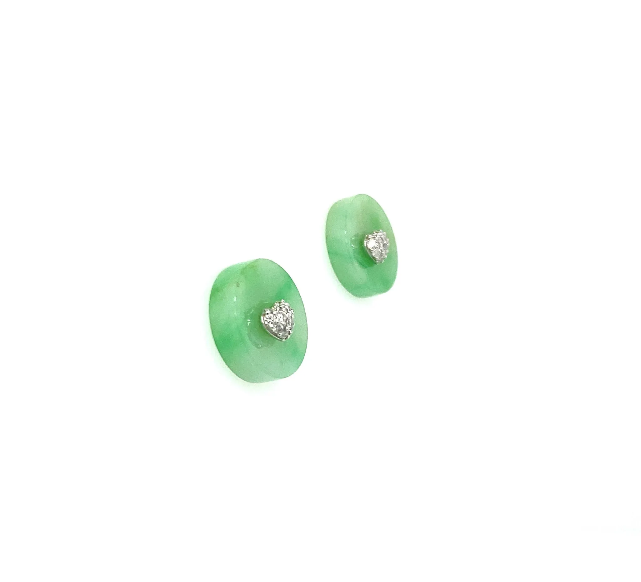 18kt WG Diamond Pave Puff Heart w/ Interchangeable Burmese Apple Green Jadeite Disc Jackets Studs