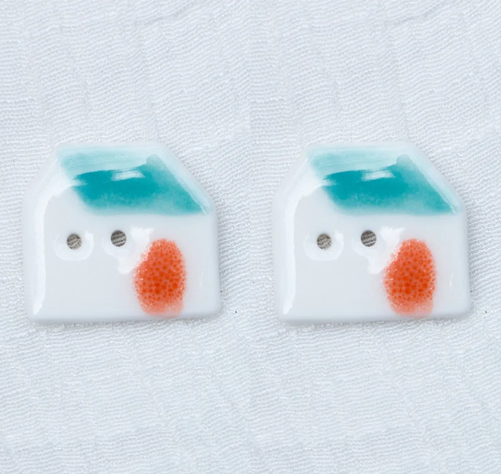 23mm Blue Orange Tile-Roofed Small House Handmade Ceramic DIY Buttons 6pcs