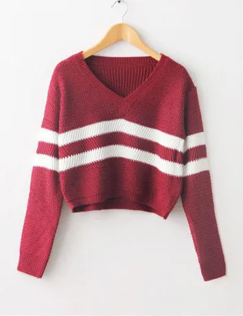 4 Colors Women Sweaters Pullovers V-neck Crop Tops Striped Long Sleeve Knitted Sweater