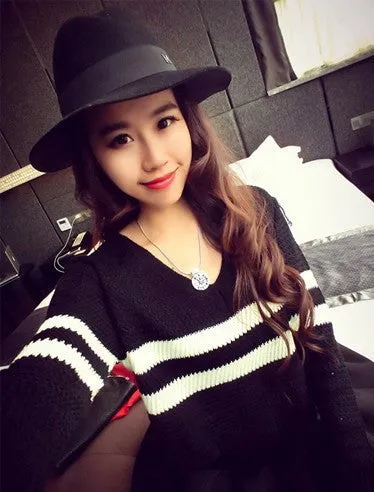 4 Colors Women Sweaters Pullovers V-neck Crop Tops Striped Long Sleeve Knitted Sweater