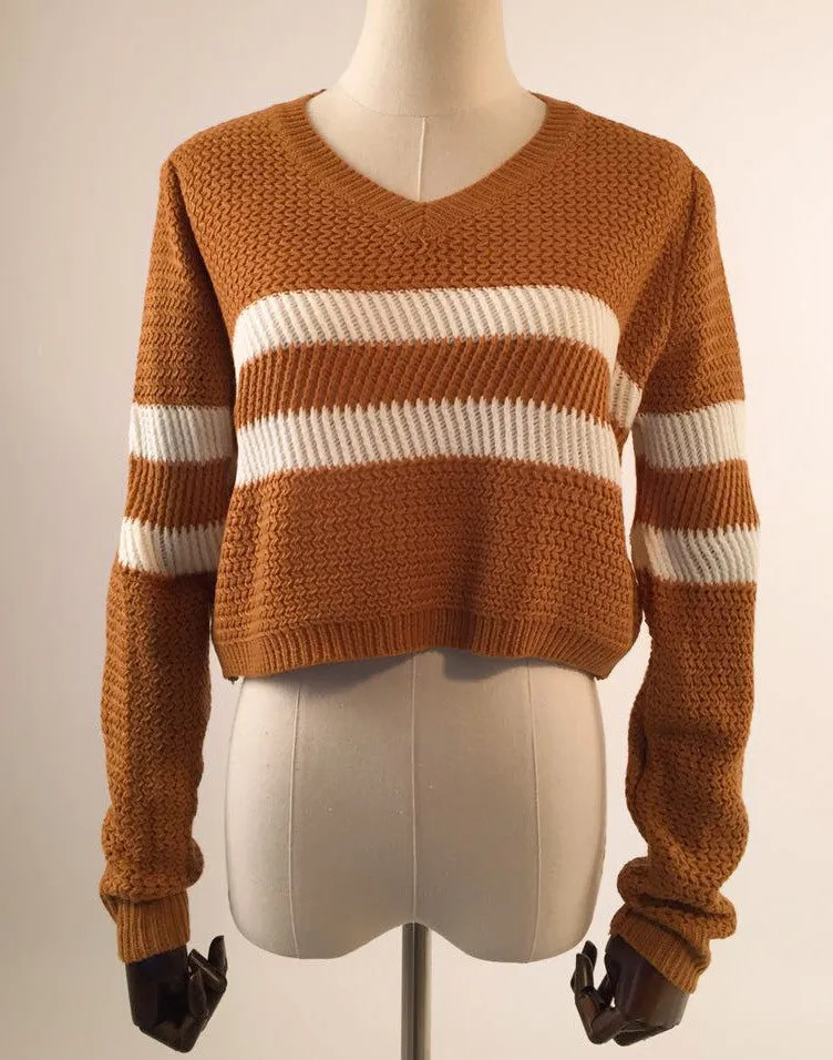 4 Colors Women Sweaters Pullovers V-neck Crop Tops Striped Long Sleeve Knitted Sweater