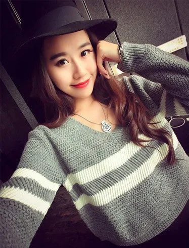 4 Colors Women Sweaters Pullovers V-neck Crop Tops Striped Long Sleeve Knitted Sweater
