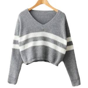 4 Colors Women Sweaters Pullovers V-neck Crop Tops Striped Long Sleeve Knitted Sweater