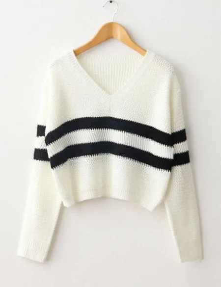 4 Colors Women Sweaters Pullovers V-neck Crop Tops Striped Long Sleeve Knitted Sweater