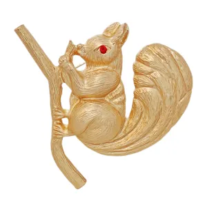 Adorable Gold - toned Squirrel Brooch on Branch with Red - eyed Detail