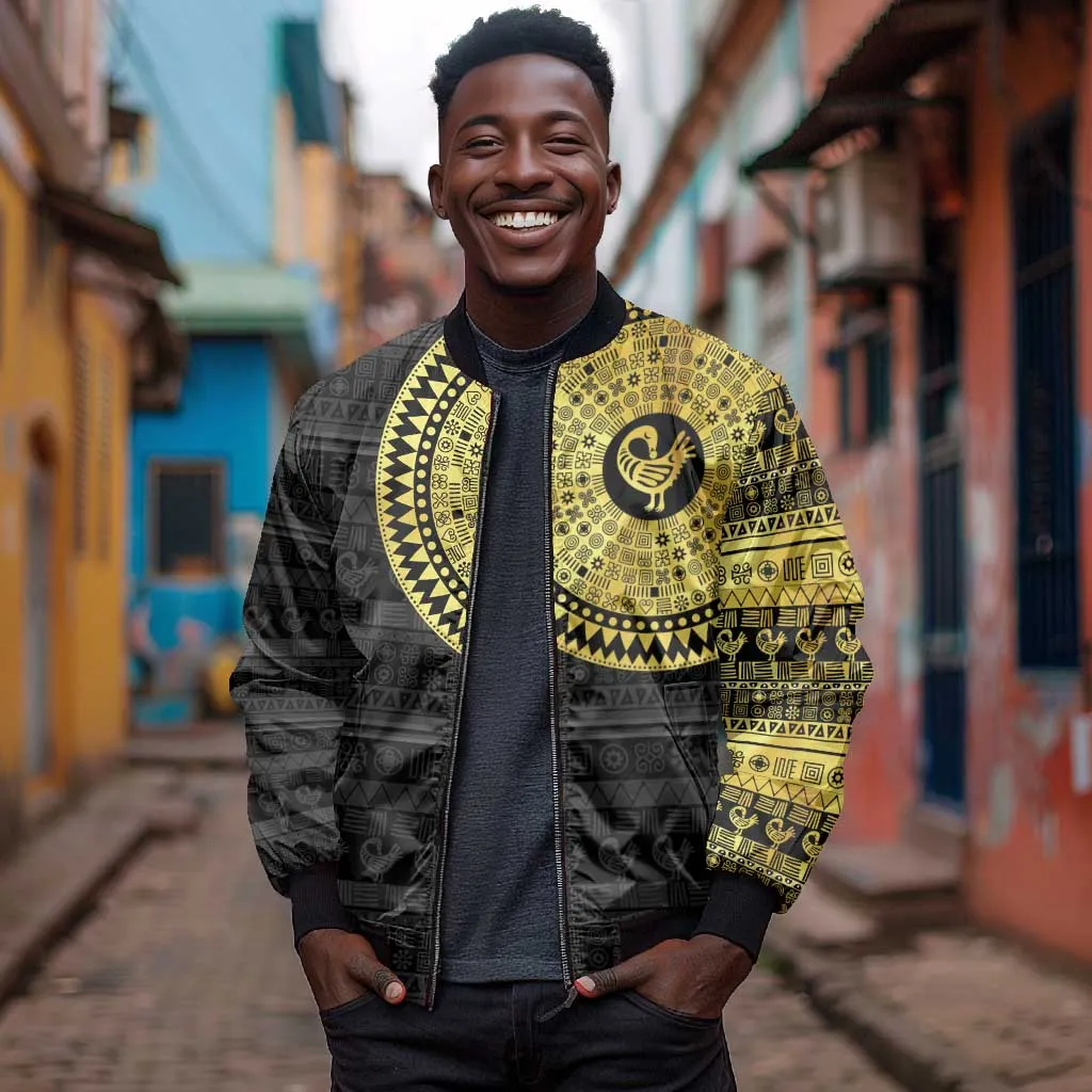African Adinkra Bomber Jacket Sankofa Bird - Gold Version - Chest Arm Tattoo LT15