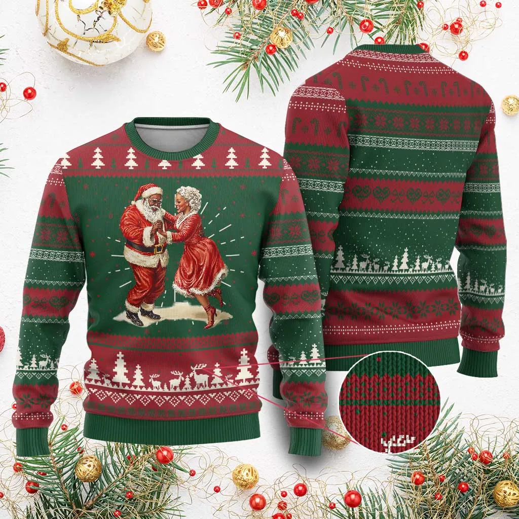 African American Christmas Black Santa Mr Mrs Claus Dancing Ugly Christmas Sweater TS09