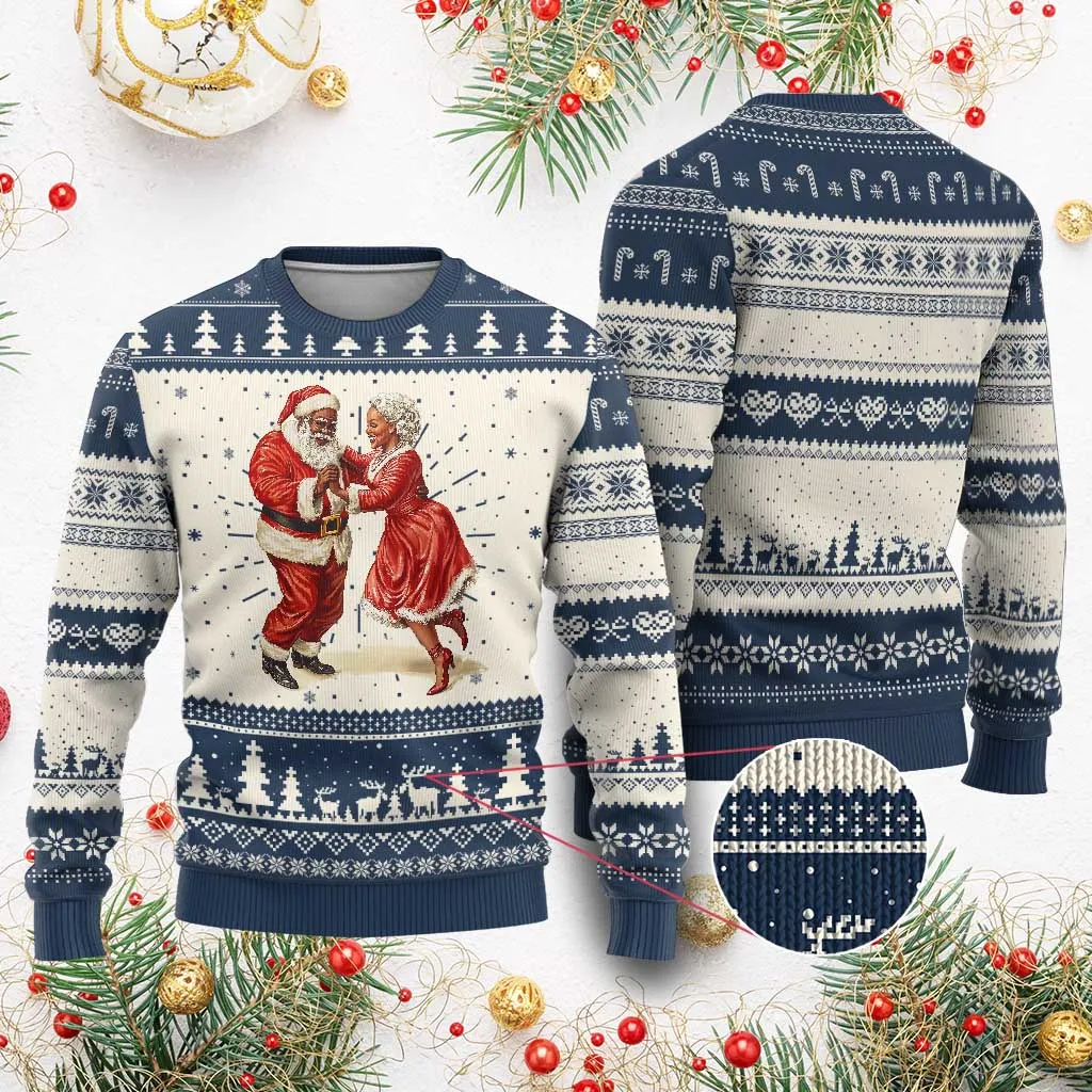 African American Christmas Black Santa Mr Mrs Claus Dancing Ugly Christmas Sweater TS09