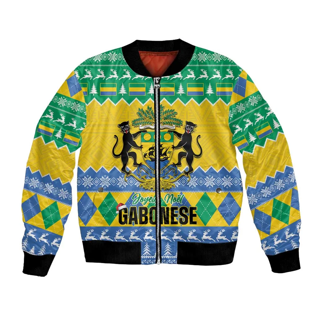 Afro Gabon Christmas Bomber Jacket Joyeux Noel Coat Of Arms - African Pattern LT14