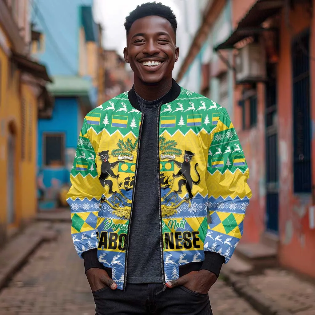 Afro Gabon Christmas Bomber Jacket Joyeux Noel Coat Of Arms - African Pattern LT14