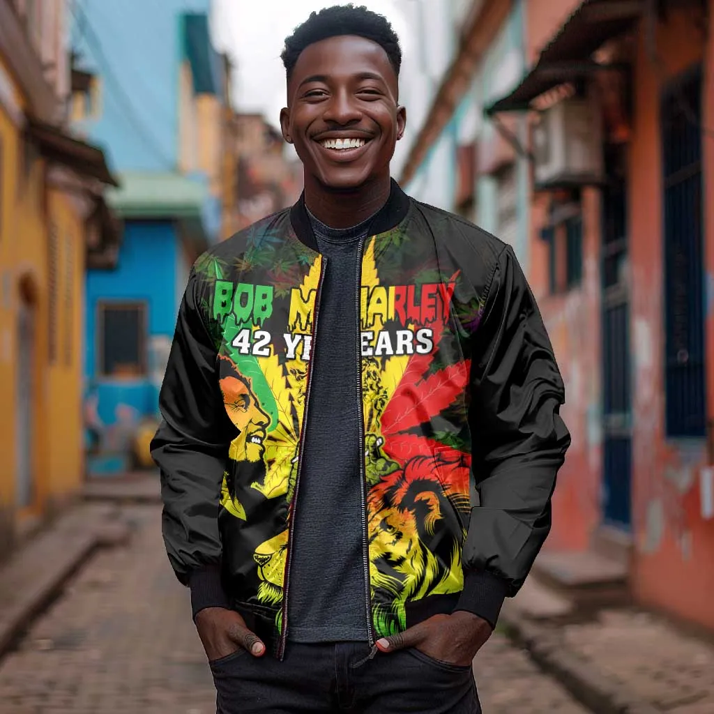 Afro Jamaica Legend Bob Bomber Jacket Lion With Cannabis Leaf Pattern LT14