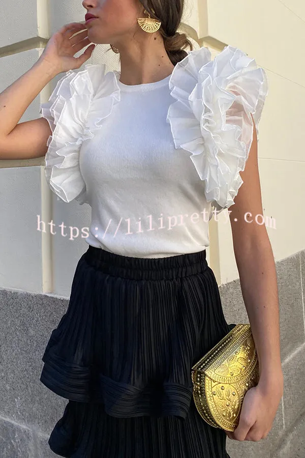 Ajay Layered Ruffles Sleeve Ribbed Stretch T-shirt