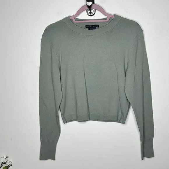ALICE   OLIVIA  Luna Shrunken Cropped Crewneck Jumper In Sage Green {3Q46}