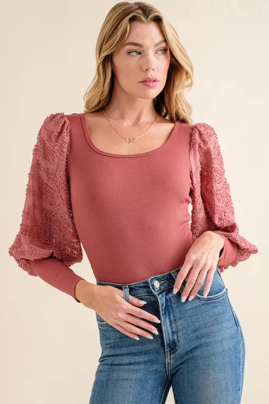 And The Why Textured Puff Sleeve Bodysuit