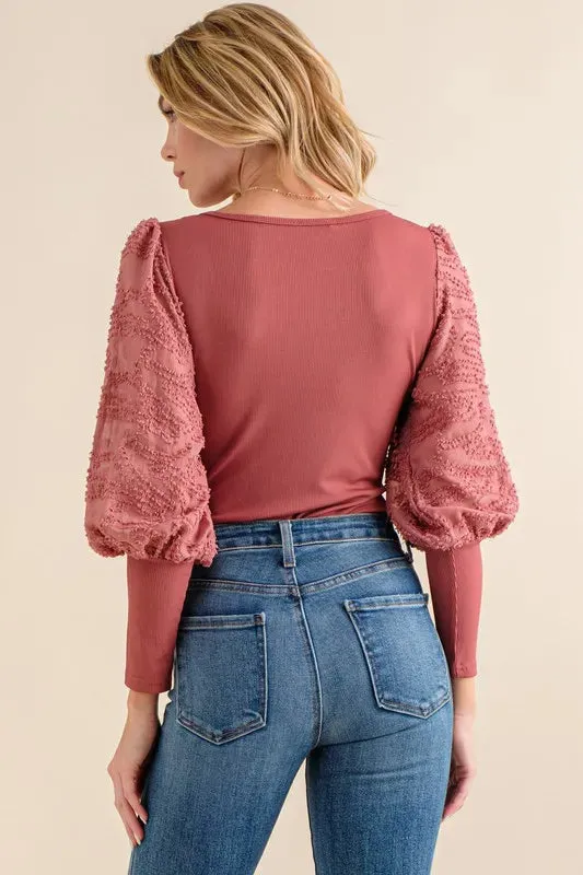 And The Why Textured Puff Sleeve Bodysuit