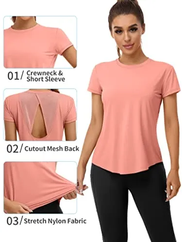 ATTRACO Open Back Yoga Shirts for Women Loose Fit Short Sleeve Exercise Gym Tops Coral