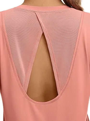 ATTRACO Open Back Yoga Shirts for Women Loose Fit Short Sleeve Exercise Gym Tops Coral
