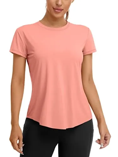 ATTRACO Open Back Yoga Shirts for Women Loose Fit Short Sleeve Exercise Gym Tops Coral