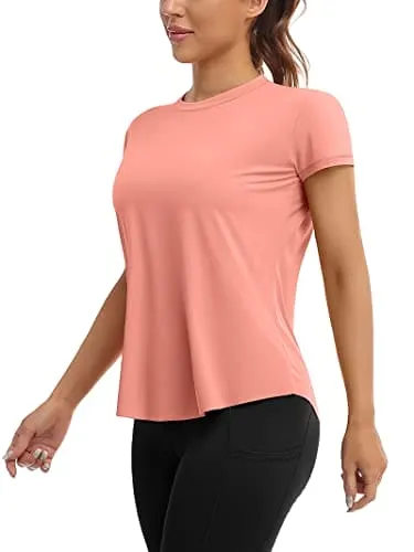 ATTRACO Open Back Yoga Shirts for Women Loose Fit Short Sleeve Exercise Gym Tops Coral