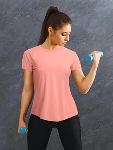 ATTRACO Open Back Yoga Shirts for Women Loose Fit Short Sleeve Exercise Gym Tops Coral