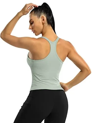 ATTRACO Women Seamless Workout Crop Tops Ribbed Athletic Tank with Built in Bra Green