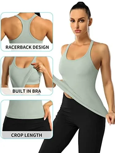 ATTRACO Women Seamless Workout Crop Tops Ribbed Athletic Tank with Built in Bra Green