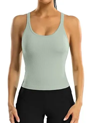 ATTRACO Women Seamless Workout Crop Tops Ribbed Athletic Tank with Built in Bra Green