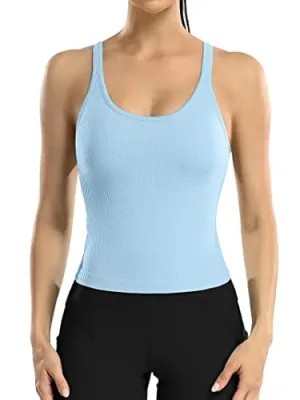 ATTRACO Women Yoga Racerback Tank Tops with Built in Bra Tight Fit Ribbed Crop Top Blue