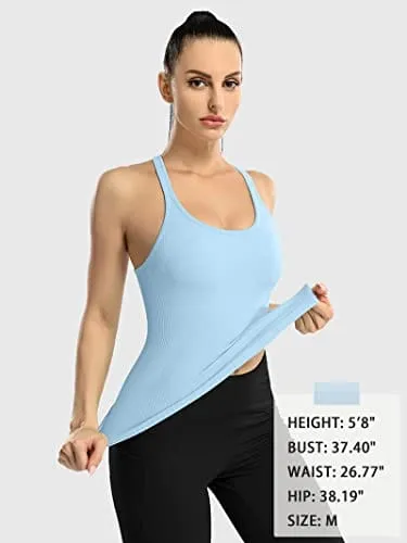 ATTRACO Women Yoga Racerback Tank Tops with Built in Bra Tight Fit Ribbed Crop Top Blue