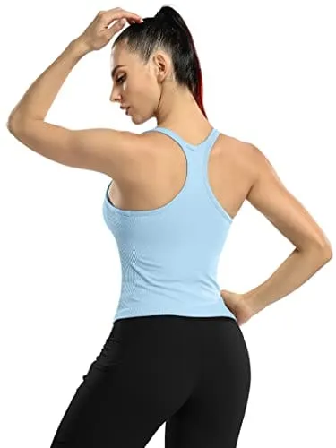 ATTRACO Women Yoga Racerback Tank Tops with Built in Bra Tight Fit Ribbed Crop Top Blue