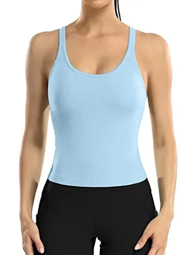 ATTRACO Women Yoga Racerback Tank Tops with Built in Bra Tight Fit Ribbed Crop Top Blue