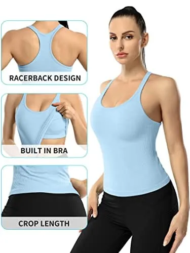 ATTRACO Women Yoga Racerback Tank Tops with Built in Bra Tight Fit Ribbed Crop Top Blue