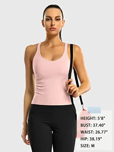 ATTRACO Women Yoga Tops with Built in Bra Gym Ribbed Workout Tank Crop Top Pink