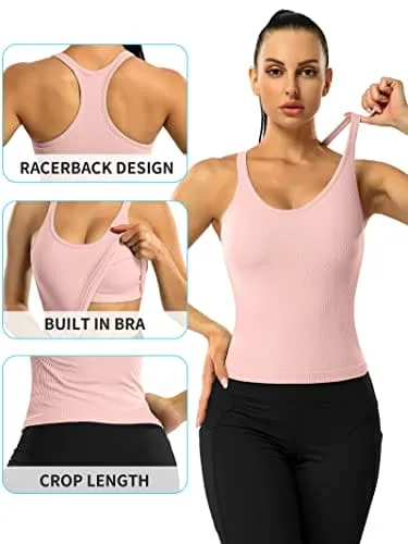 ATTRACO Women Yoga Tops with Built in Bra Gym Ribbed Workout Tank Crop Top Pink