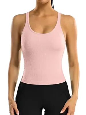 ATTRACO Women Yoga Tops with Built in Bra Gym Ribbed Workout Tank Crop Top Pink