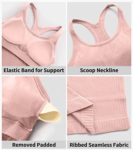 ATTRACO Women Yoga Tops with Built in Bra Gym Ribbed Workout Tank Crop Top Pink