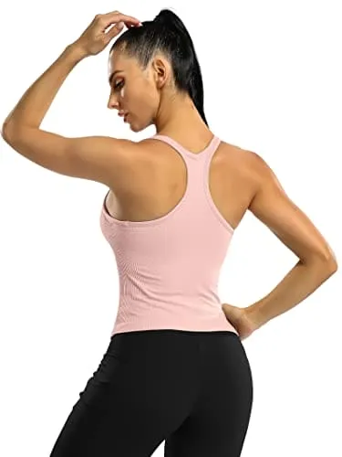 ATTRACO Women Yoga Tops with Built in Bra Gym Ribbed Workout Tank Crop Top Pink