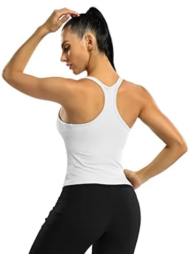 ATTRACO Women's Seamless Workout Crop Top Ribbed Yoga Racerback Built in Bra Tank White