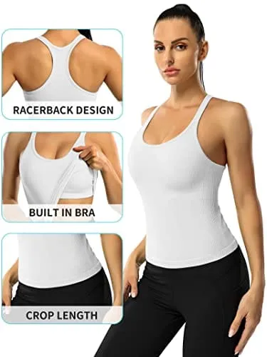 ATTRACO Women's Seamless Workout Crop Top Ribbed Yoga Racerback Built in Bra Tank White
