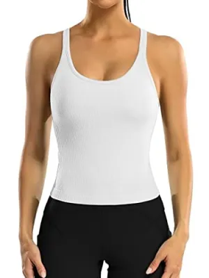 ATTRACO Women's Seamless Workout Crop Top Ribbed Yoga Racerback Built in Bra Tank White