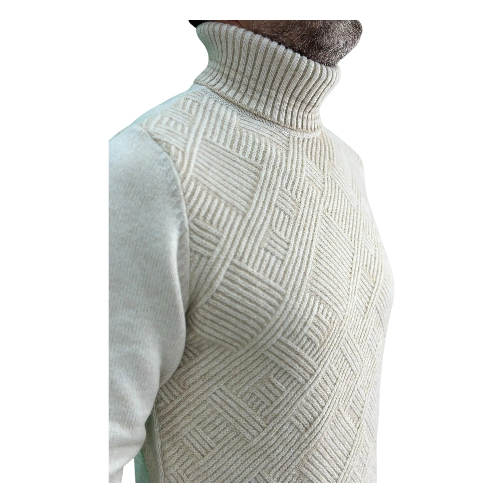 Beige Men's Chunky Turtleneck Sweater -100% Real  Wool
