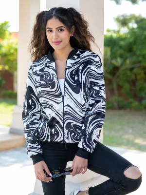 Black & White Marble Printed Velvet Jacket For Women