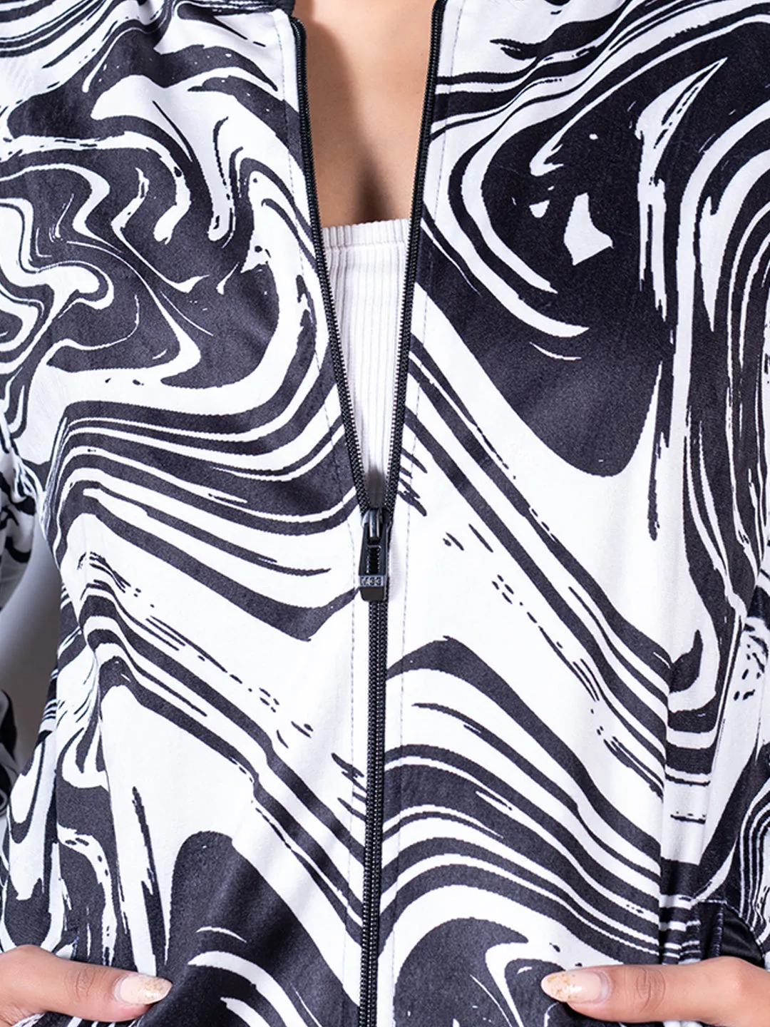 Black & White Marble Printed Velvet Jacket For Women