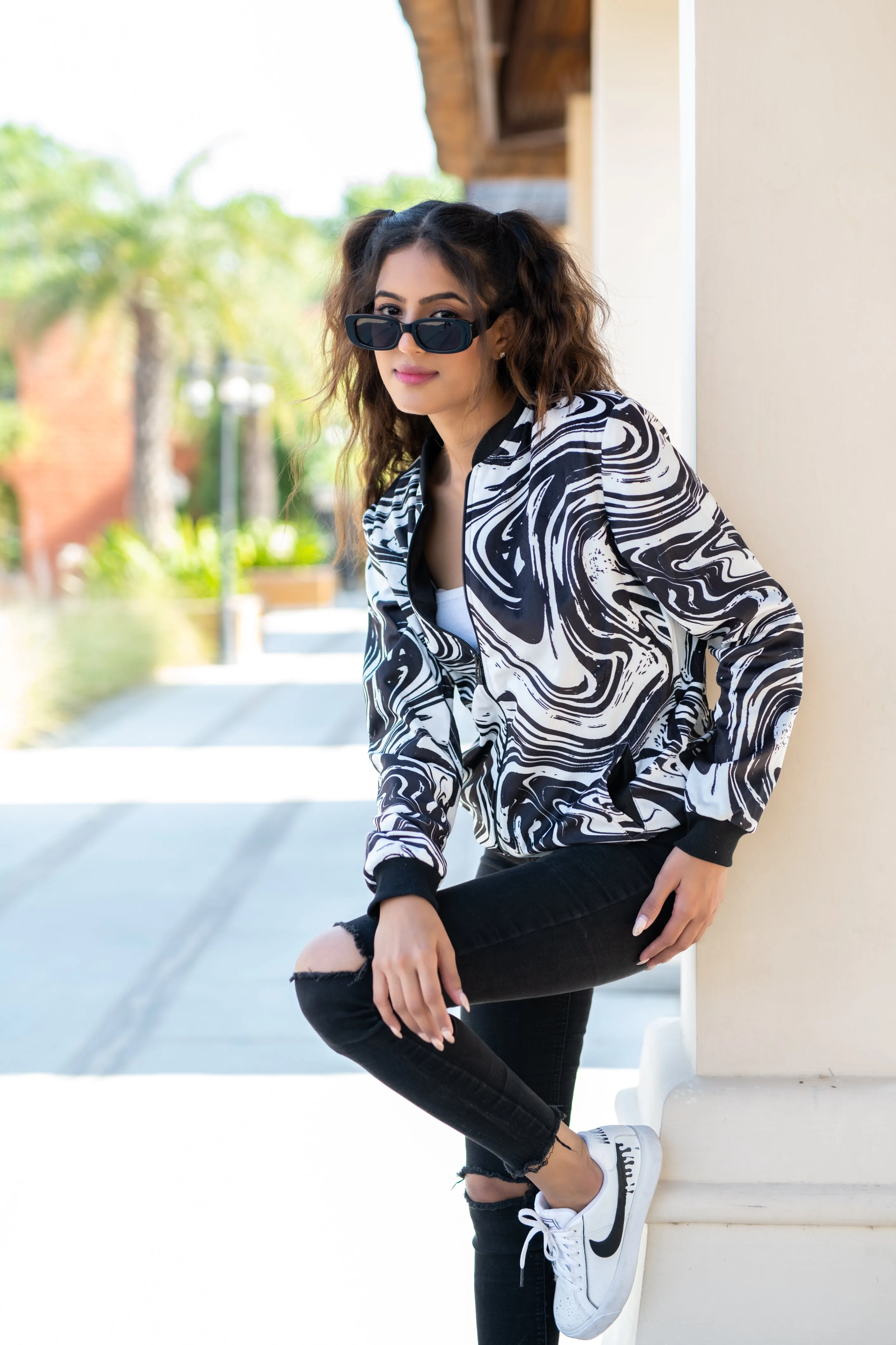 Black & White Marble Printed Velvet Jacket For Women