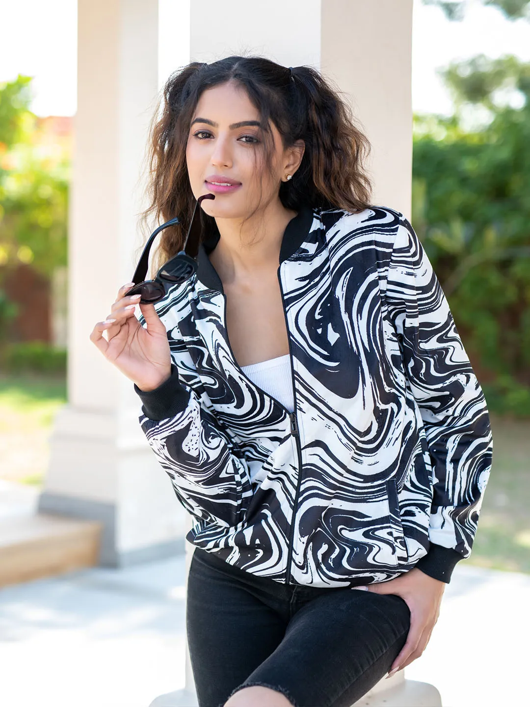 Black & White Marble Printed Velvet Jacket For Women