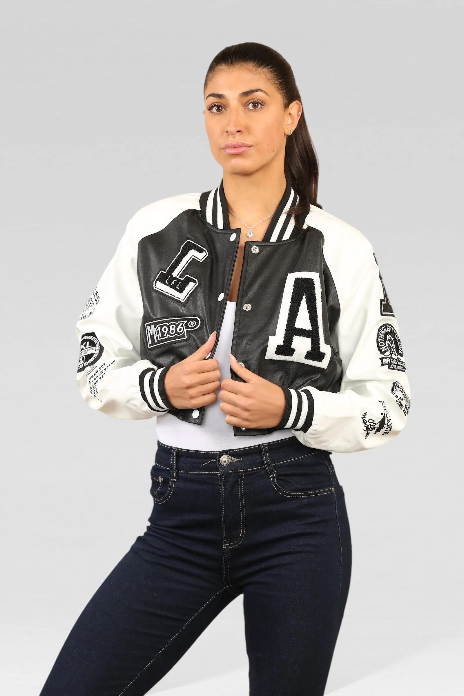 Black Faux Leather Cropped Varsity Jacket