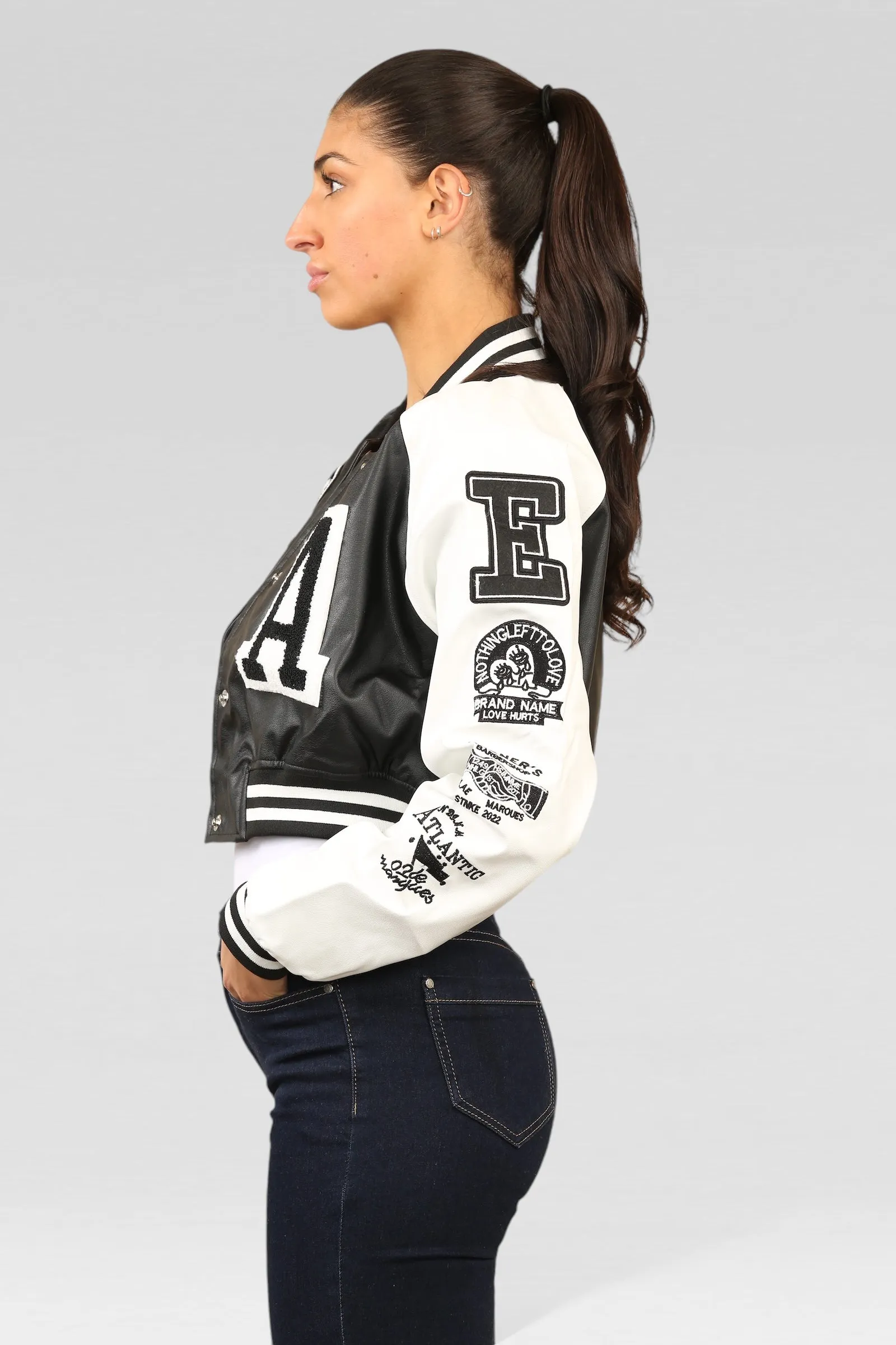 Black Faux Leather Cropped Varsity Jacket
