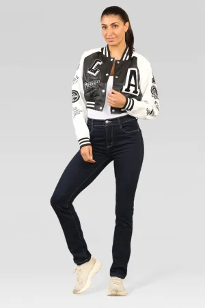 Black Faux Leather Cropped Varsity Jacket