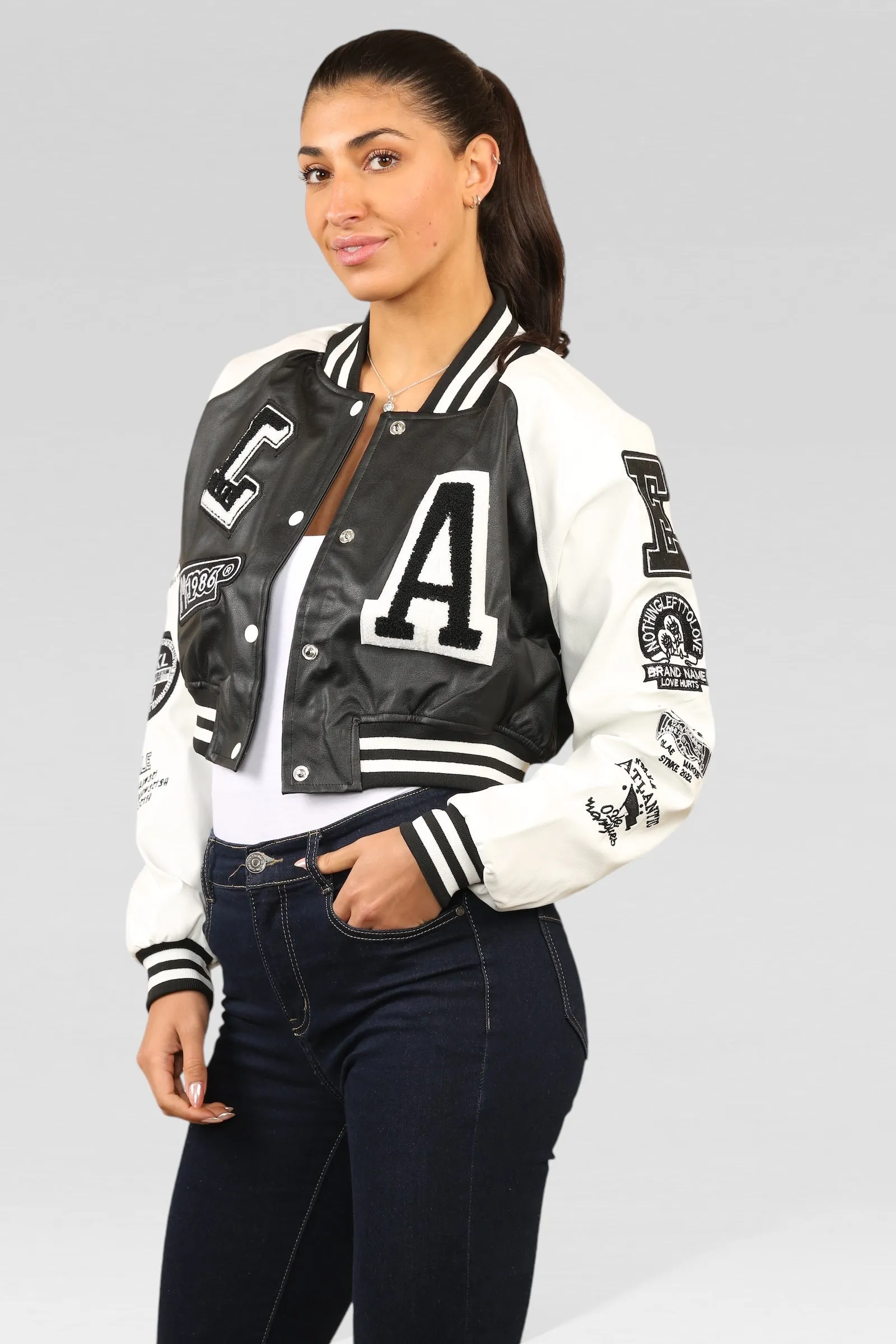 Black Faux Leather Cropped Varsity Jacket